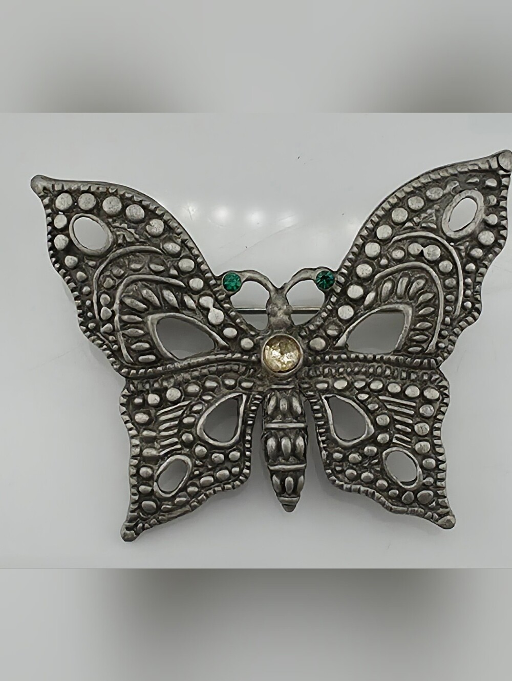 Vintage 1990s REN Butterfly Brooch Rhinestone Pewter Silver Tone Pin Cottagecore